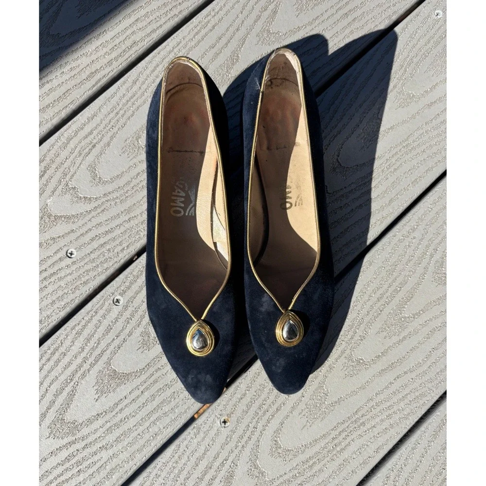 Salvatore Ferragamo Navy Suede Low Heel Pumps with Gold Accent